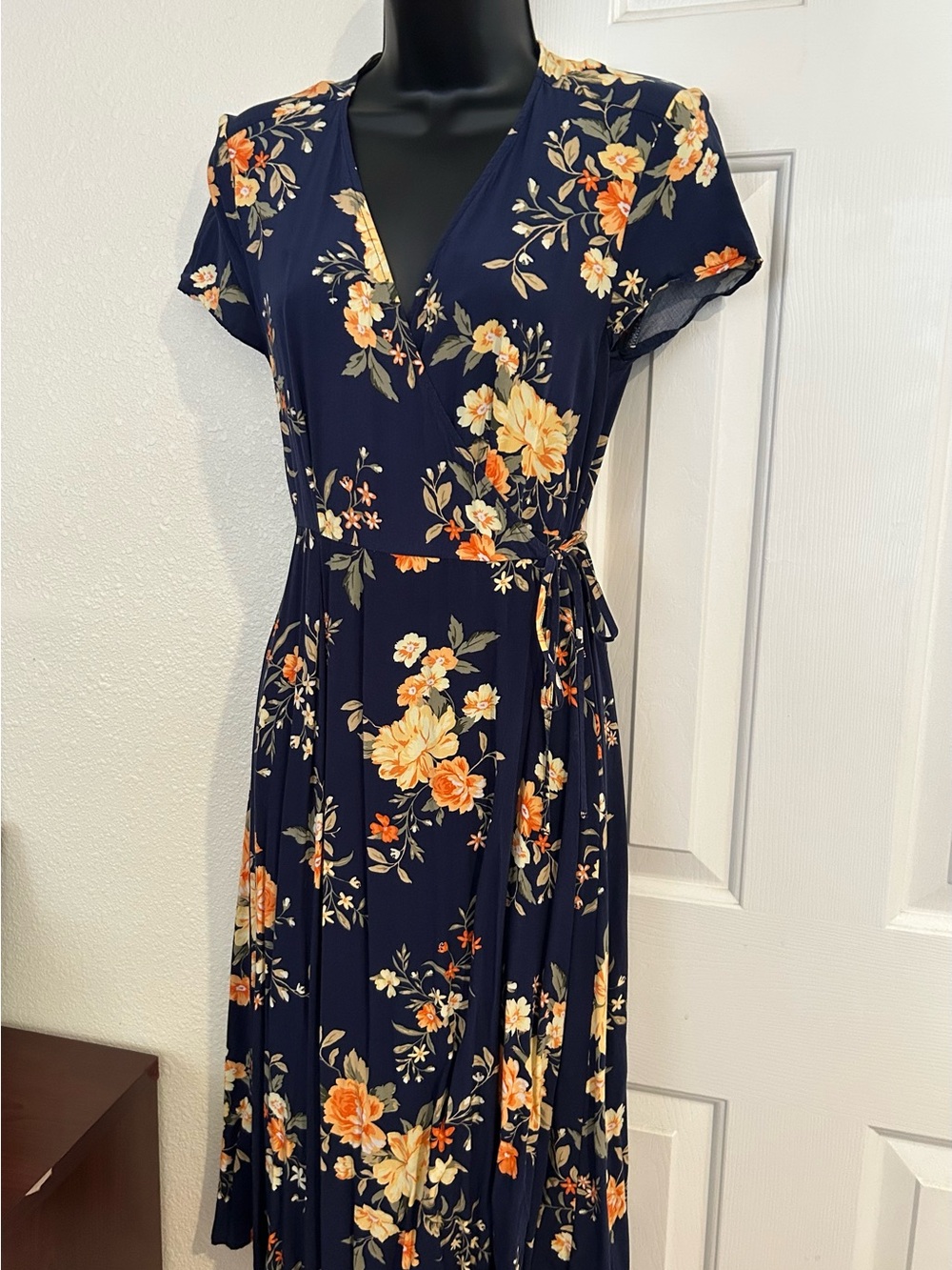 Old Navy Navy Floral Wrap Midi Dress with Orange & Cream Flowers